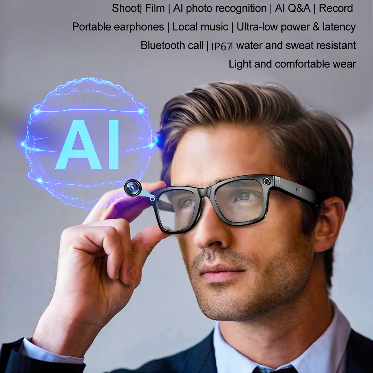 AI Translation Smart Glasses Bluetooth for Men Women with 140 Language,Headphone with Speaker,Camera Glasses for Travel Meeting